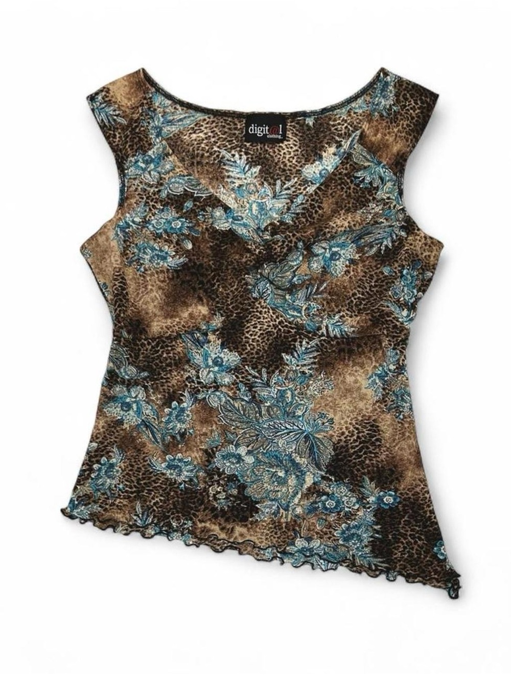 Vintage 90s Fairycore Mesh Animal & Floral Print Asymmetrical Hem Sleeveless Top